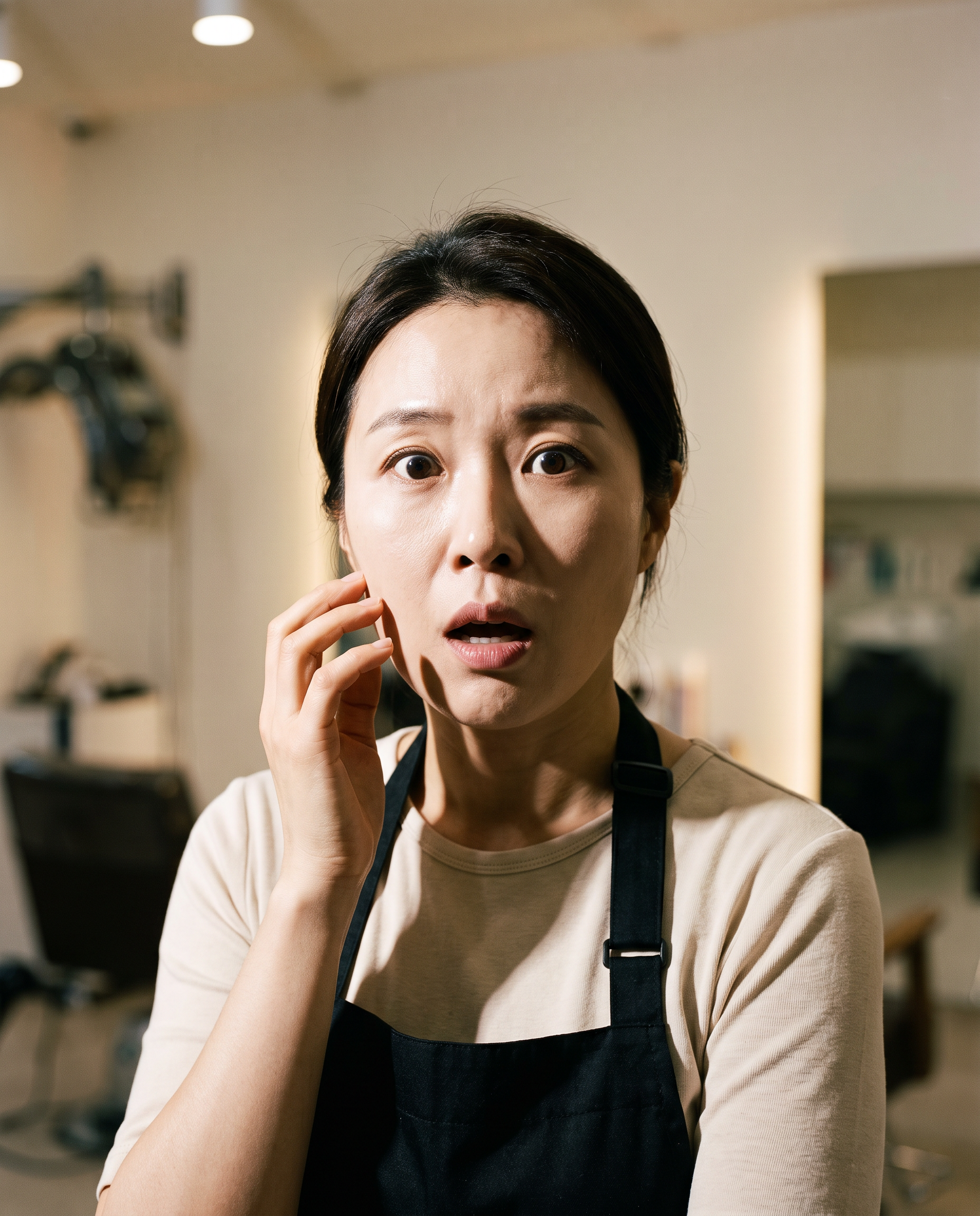 펌제를 대는 순간 당황한 미용사의 표정